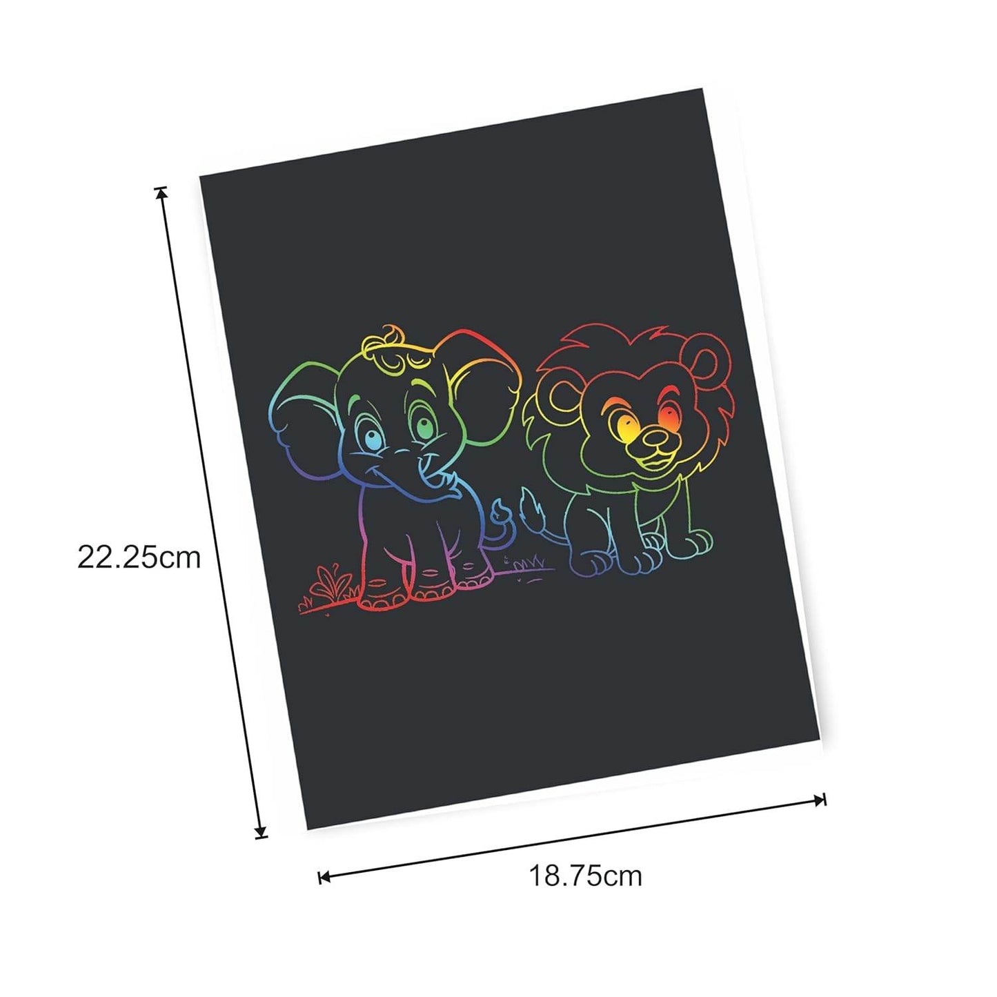 Neon art coloring kit for kids featuring a colorful elephant and lion outline on black paper