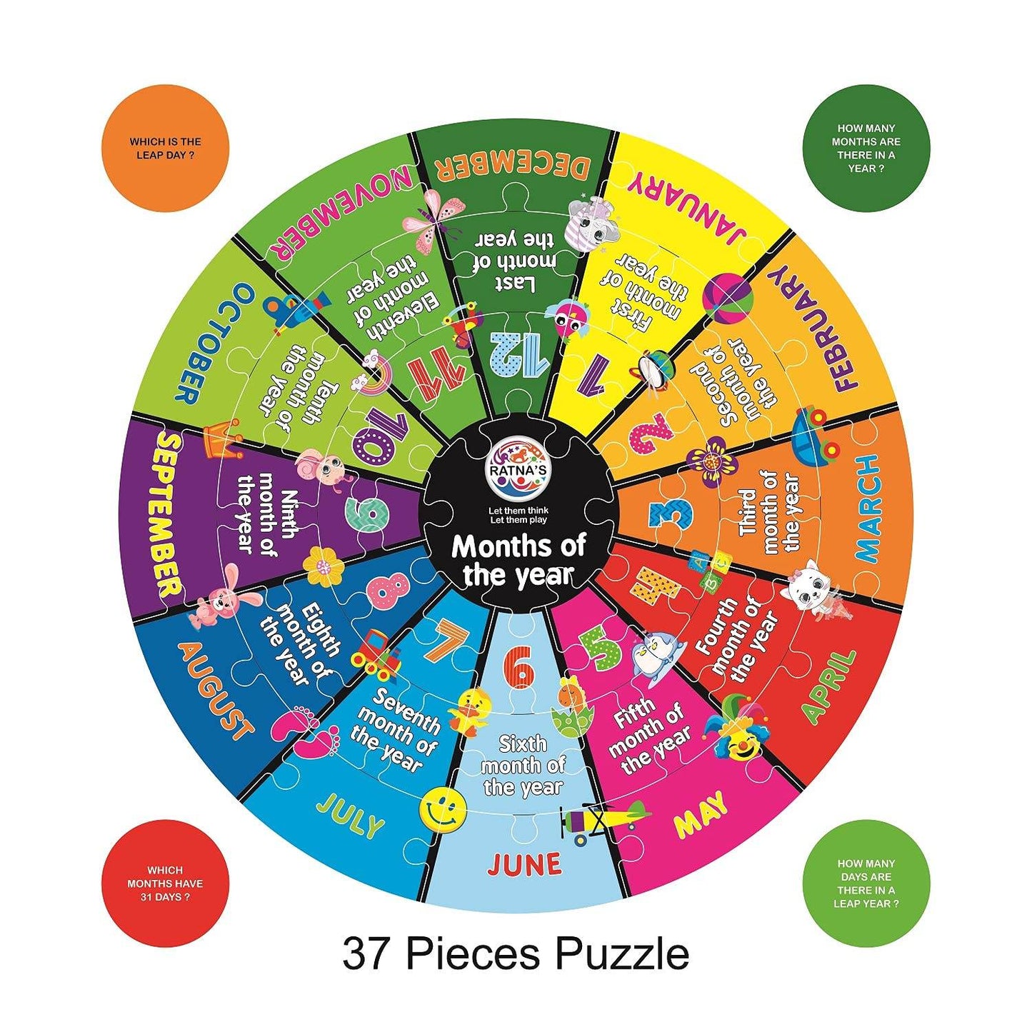 Colorful 37 pieces preschool educational puzzle for kids showing months of the year with fun illustrations