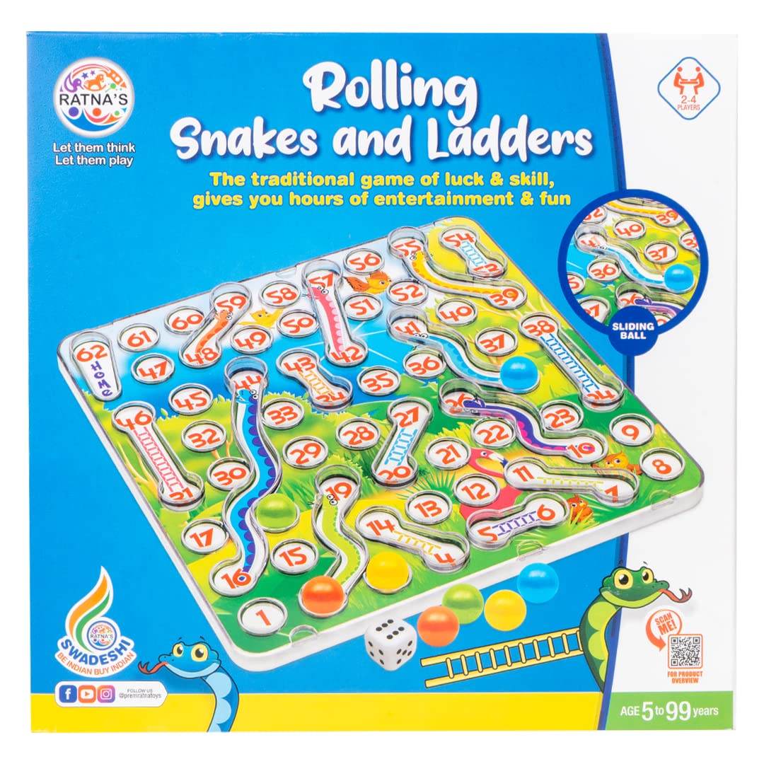 Prem Ratna rolling snakes and ladders board game with colorful numbered board and sliding ball feature