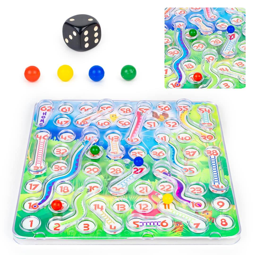 Prem Ratna rolling snakes and ladders board game with colorful marbles and black dice on a white background