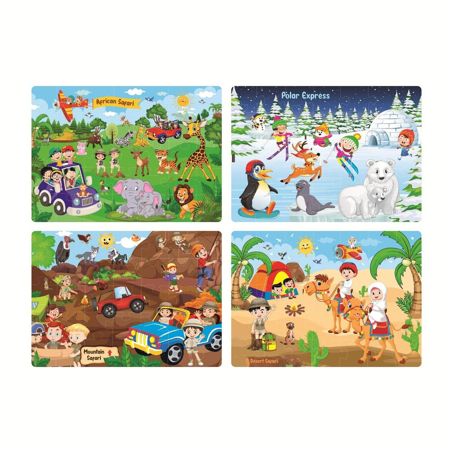 Colorful safari jigsaw puzzle for kids featuring African, polar, mountain, and desert safari scenes