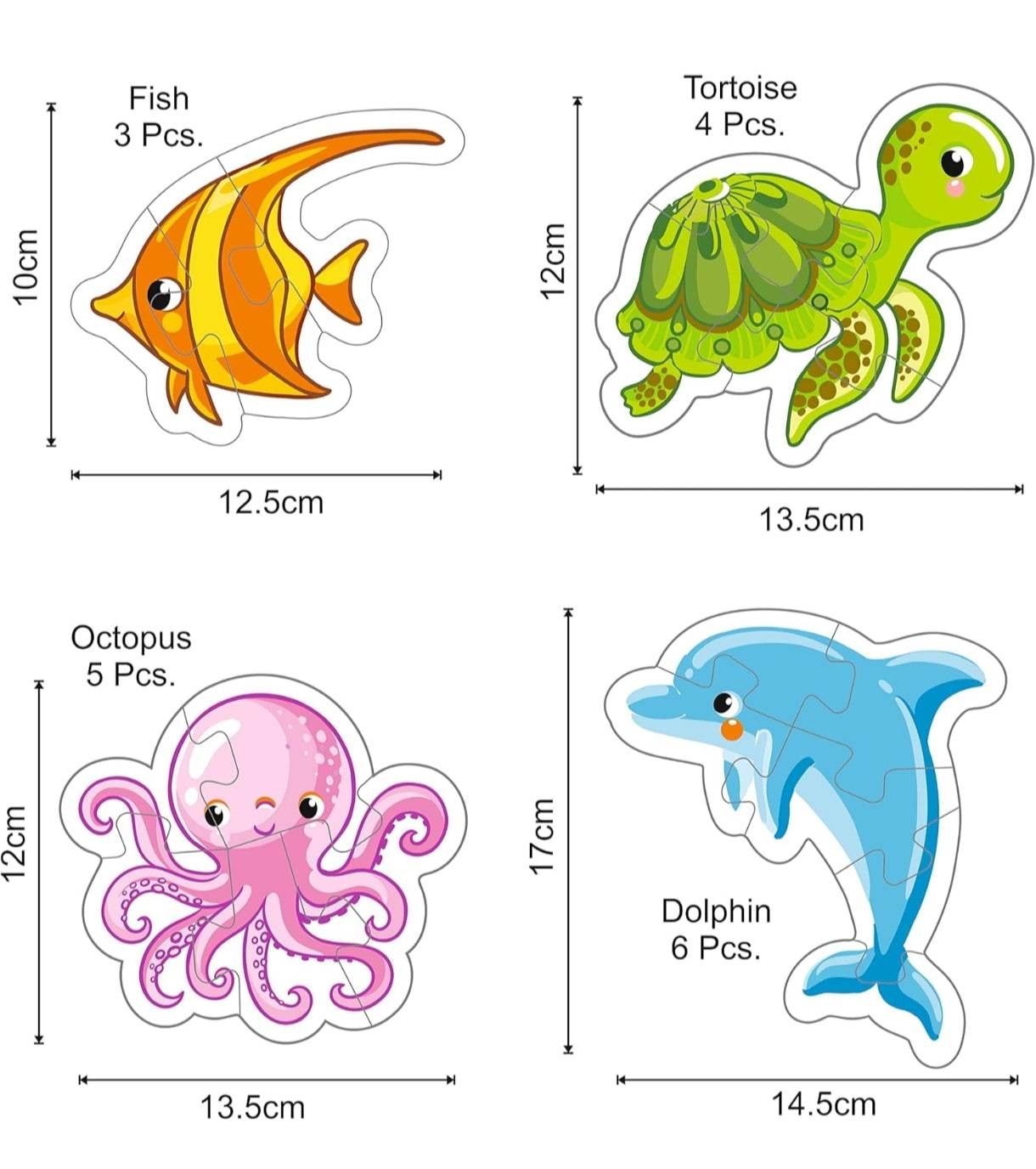 Colorful sea animal jigsaw puzzle for kids including fish, tortoise, octopus, and dolphin shapes with multiple pieces