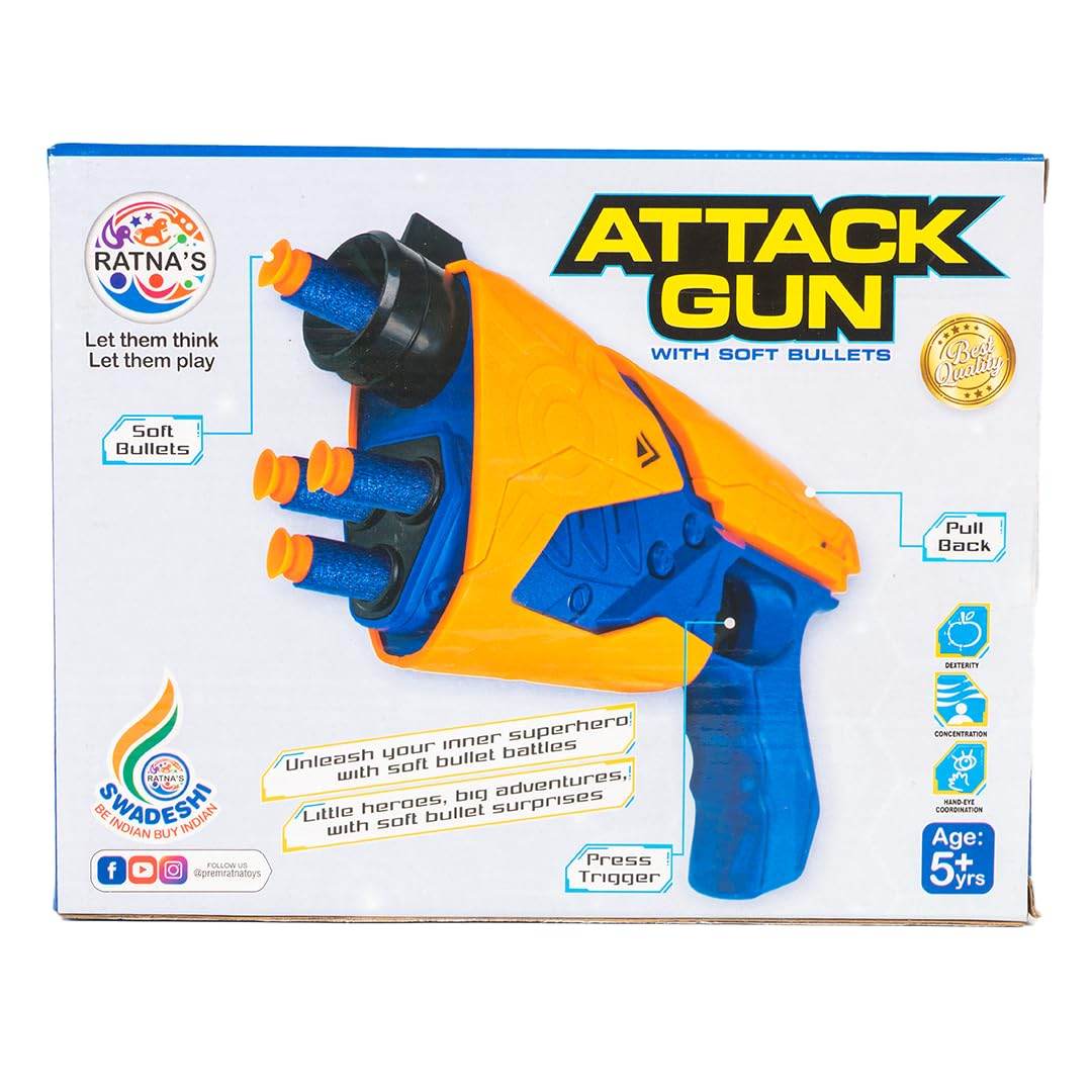 Soft bullet attack gun toy in blue and orange with pull back and press trigger features for kids age 5 plus