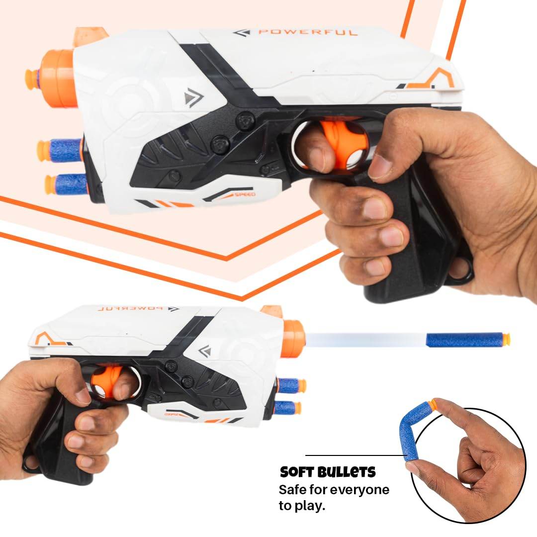 T-Rex the toyland soft bullet attack gun white and black toy gun with orange trigger and safe soft bullets