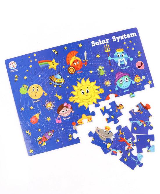 Colorful solar system puzzle for kids featuring planets with cartoon faces and labeled names on a blue background