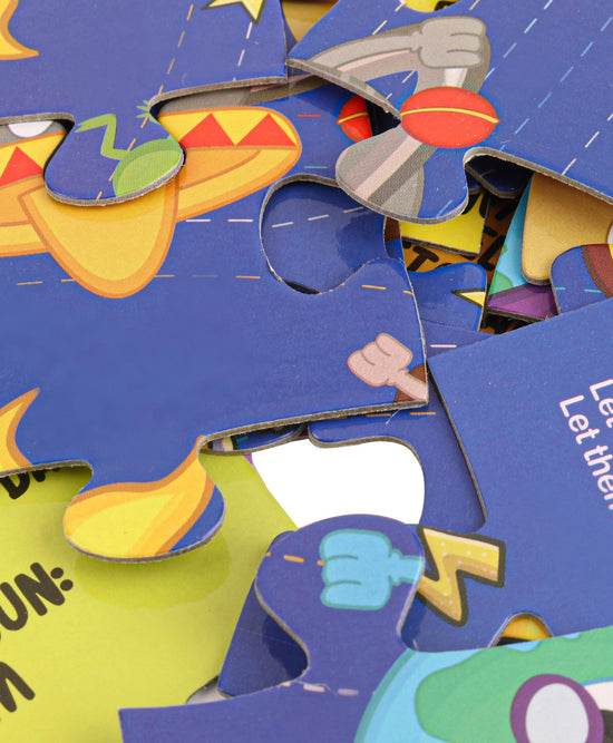 Close-up of colorful interlocking pieces from a solar system puzzle for kids by T-Rex the Toyland Sitamarhi