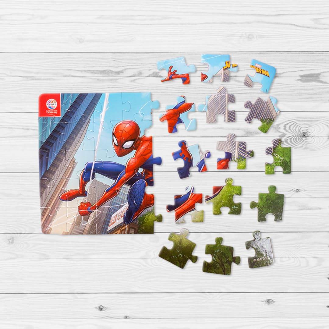 Spiderman jigsaw puzzle for kids partially assembled on wooden surface with colorful pieces