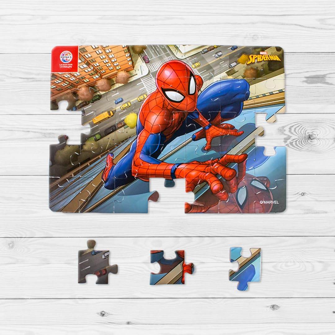 Spiderman jigsaw puzzle for kids featuring colorful Spiderman swinging in cityscape with puzzle pieces on wooden surface