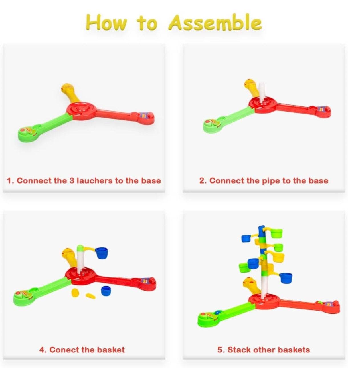 Step-by-step assembly instructions for Prem Ratna tower basketball game for kids with colorful parts and baskets