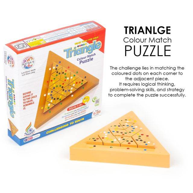 Triangle color match puzzle wooden game with colored dots for logical thinking and problem solving