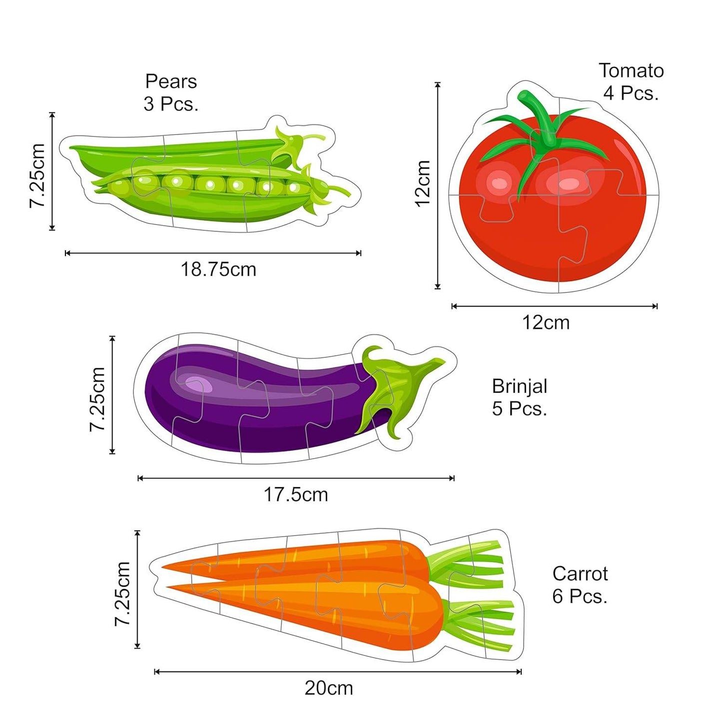 Colorful vegetable puzzle for toddlers featuring peas, tomato, brinjal, and carrot pieces with size details