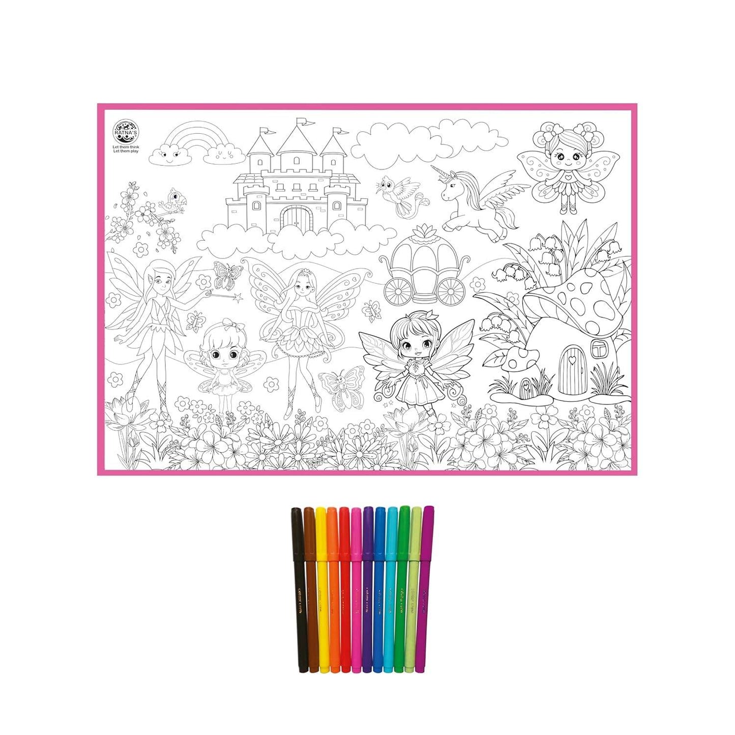 Washable coloring mat fairies with black and white fairy designs and colorful markers for kids