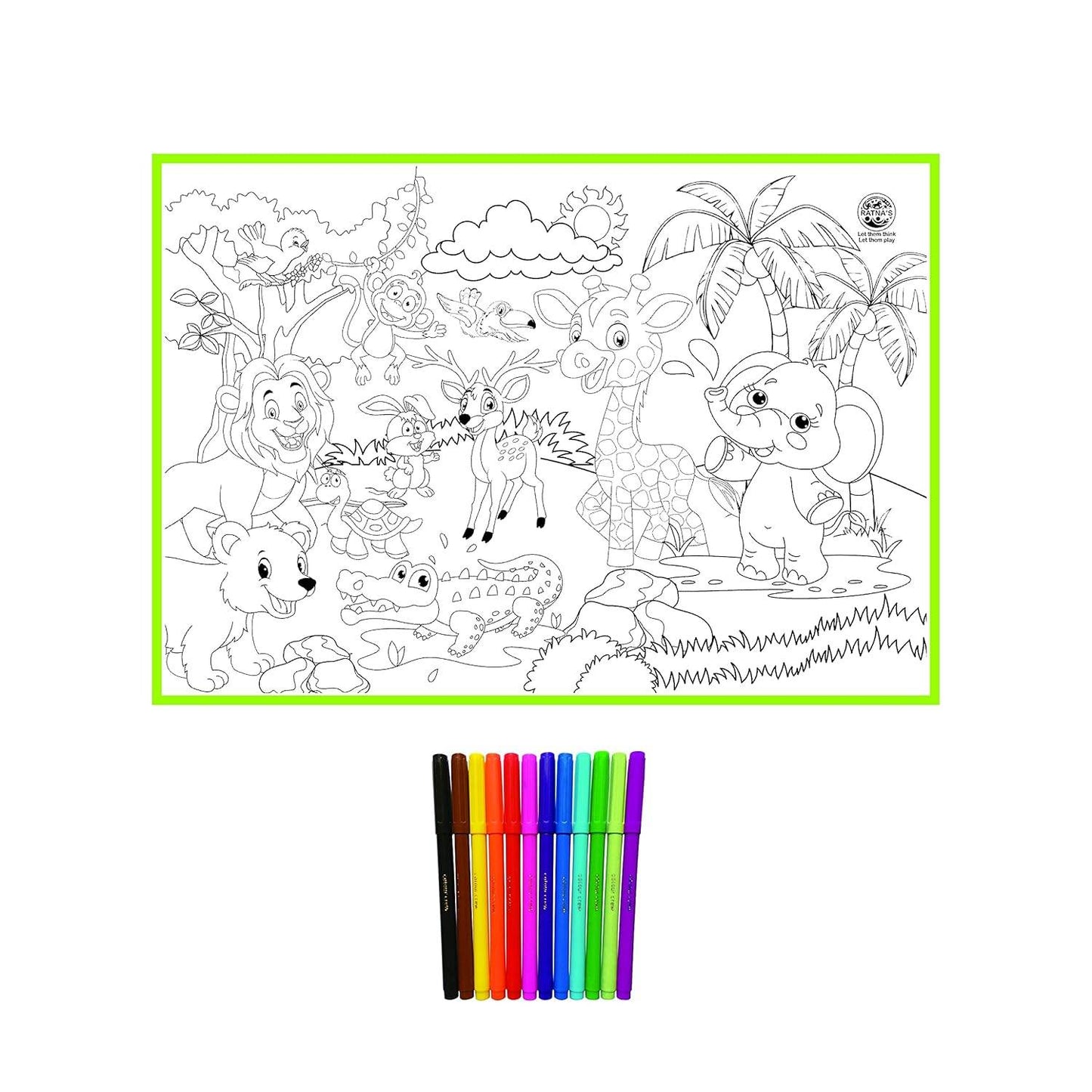 Washable coloring mat for kids featuring jungle animals with colorful markers set