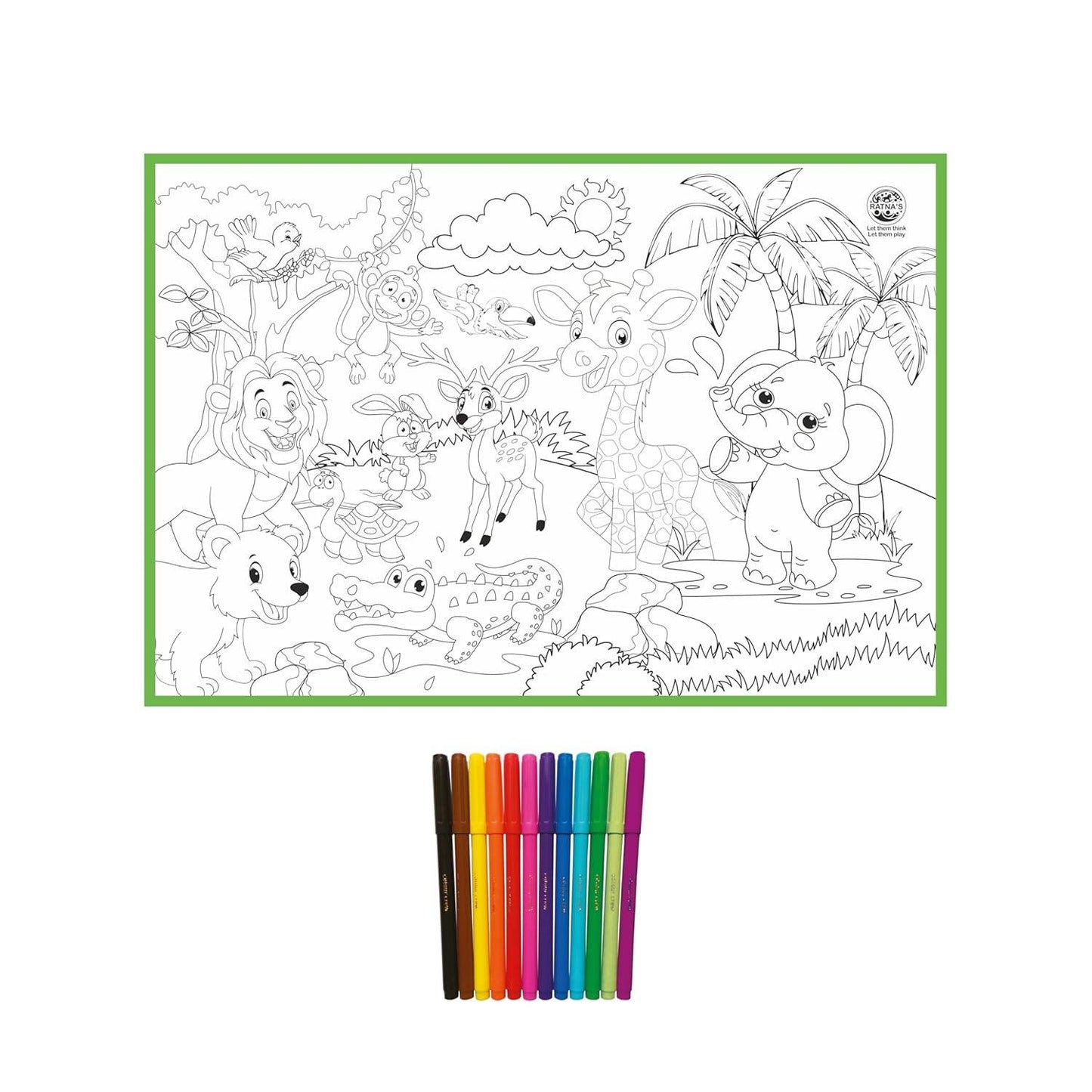 Washable coloring mat for kids featuring jungle animals with colorful markers included