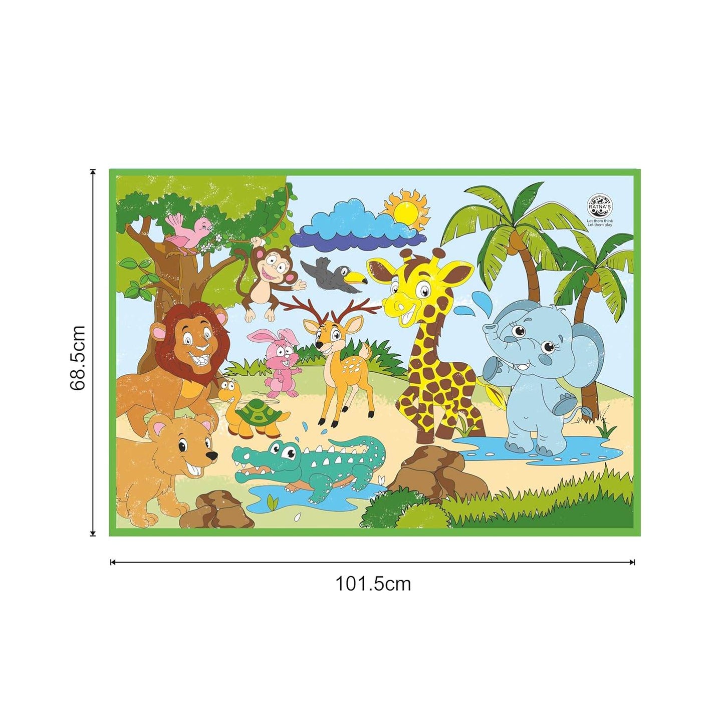 Colorful washable coloring mat for kids featuring jungle animals like lion, giraffe, and elephant
