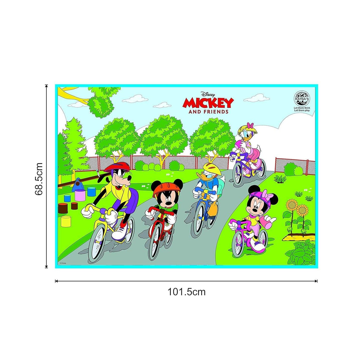 Disney Mickey and Friends washable reusable coloring mat featuring characters riding bicycles in a park
