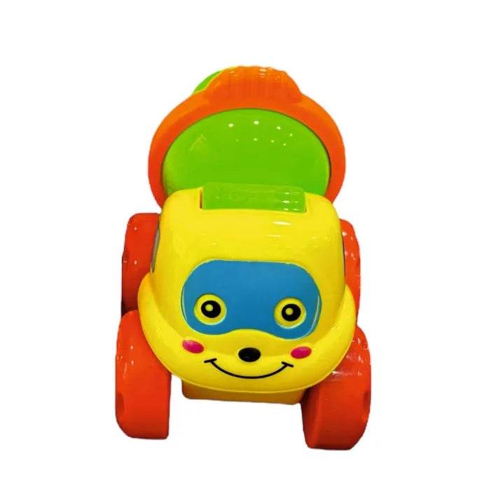 Colorful rattling cement mixer toy for kids with smiling face and bright orange wheels