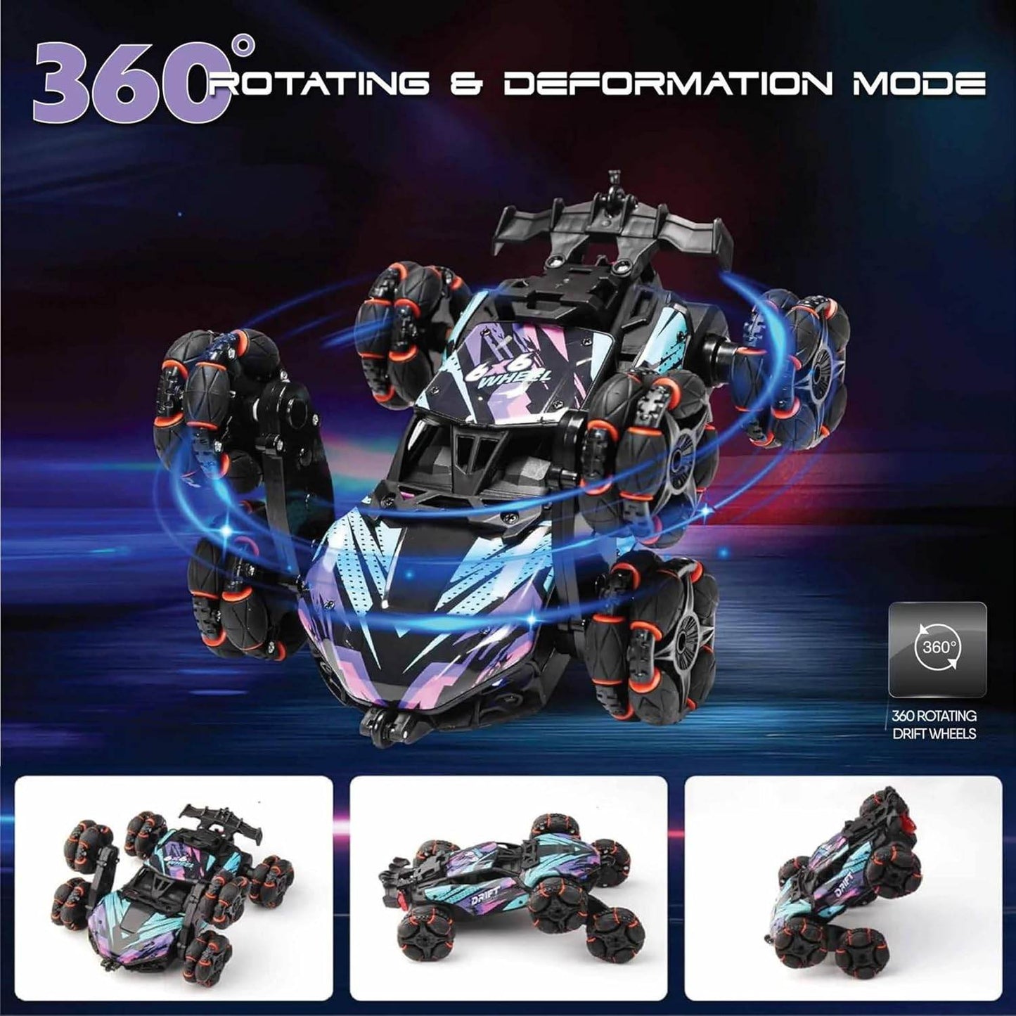 Black and purple remote control stunt car for kids with 360 rotating and deformation mode wheels