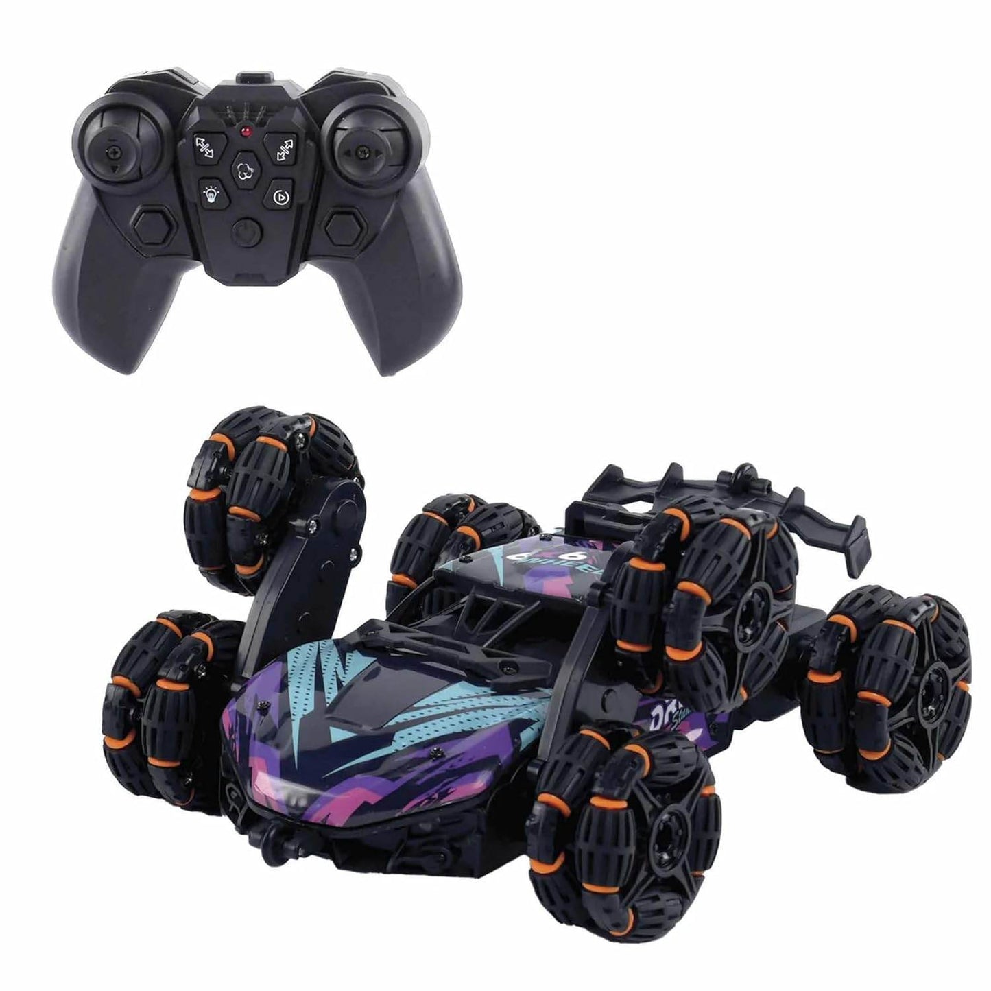 Remote control stunt car for kids with black and purple design and all-terrain wheels with wireless controller