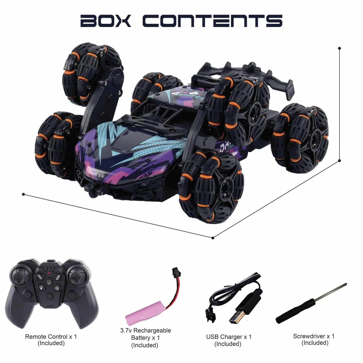 Remote control stunt car for kids with rechargeable battery, USB charger, screwdriver, and remote controller