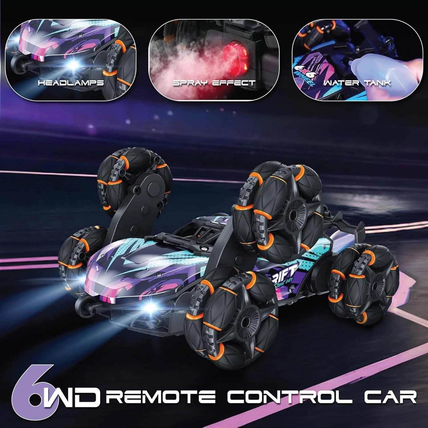 Remote control stunt car for kids with 6WD, headlamps, spray effect, and water tank features in black and purple