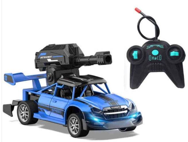 T-Rex remote control water bomb car in blue with mounted cannon and black wireless controller