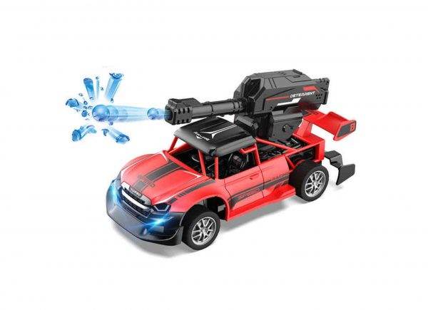 T-Rex remote control water bomb car in red with black gun turret shooting water projectiles