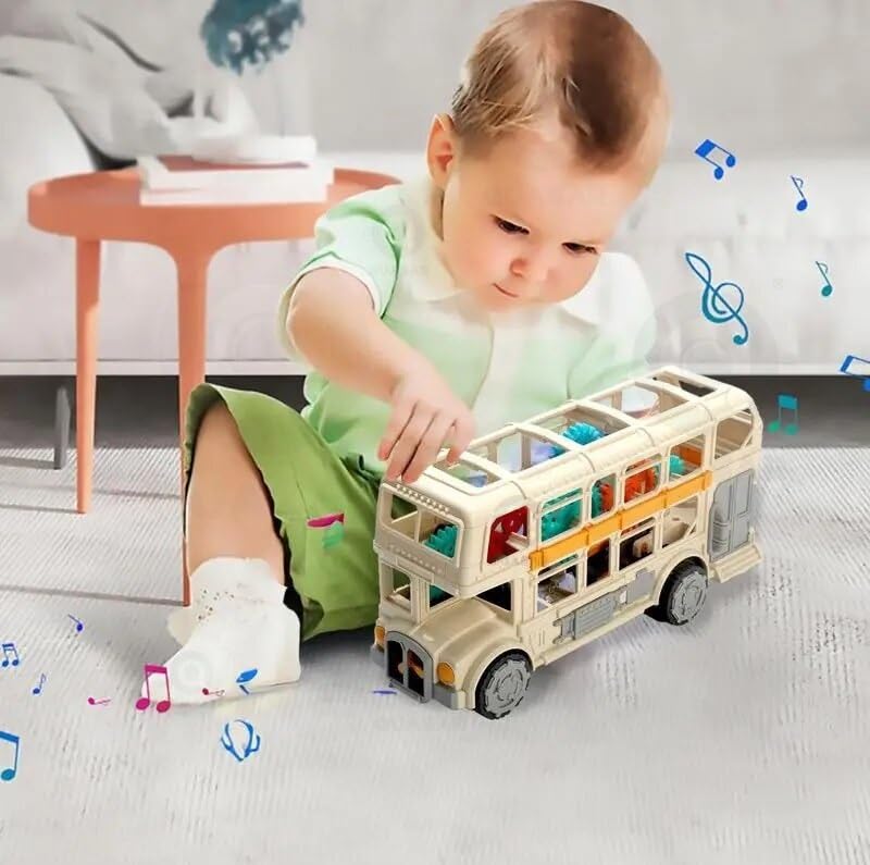 Retro musical bus toy for kids playing with a beige double-decker bus toy on the floor