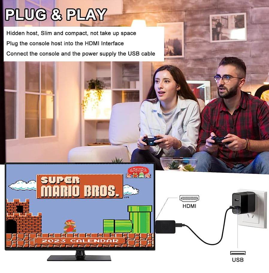 8 bit HDMI gaming console for kids by Sameo showing Super Mario Bros gameplay on TV with HDMI and USB connection