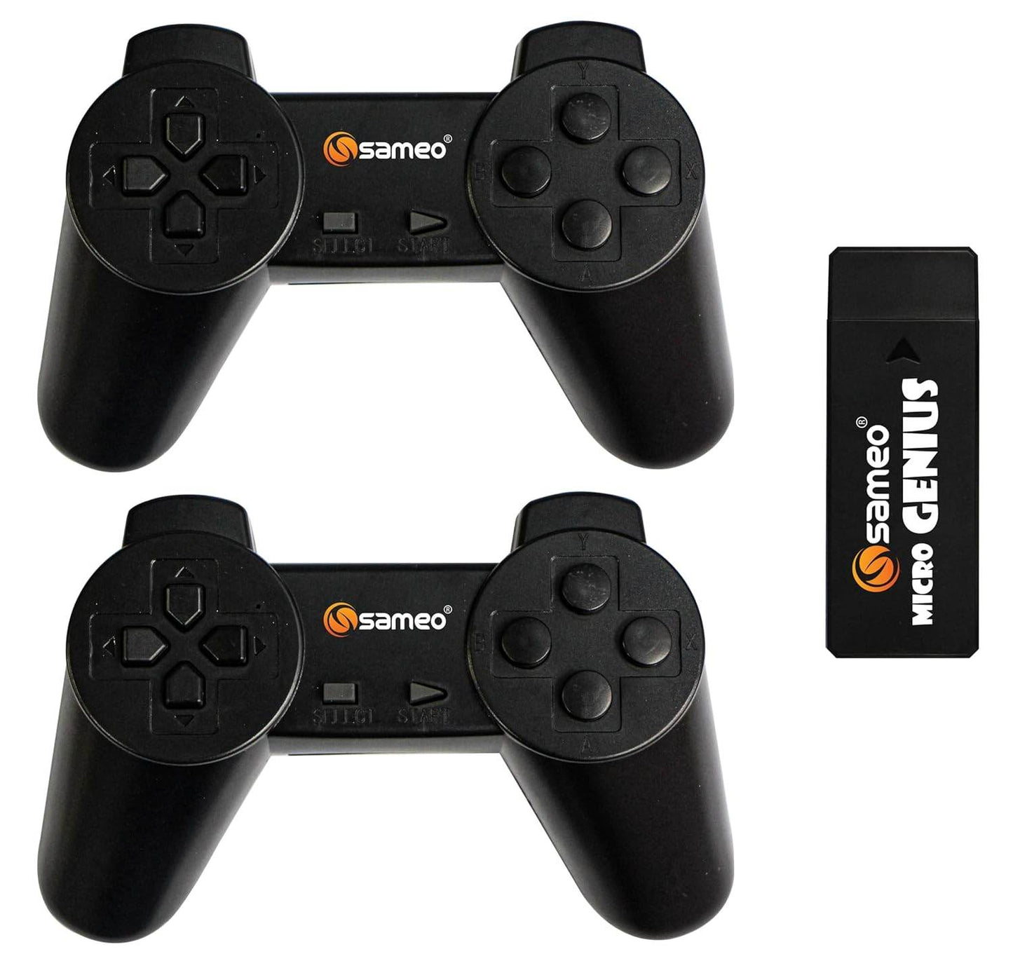Sameo 8 bit HDMI gaming console for kids with two black wired controllers and compact game stick