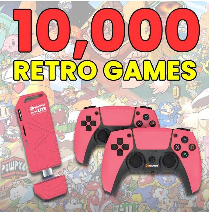 Retro video game stick with 10000 games featuring red controllers and classic game characters background