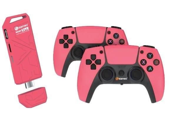Red and black wireless game controllers with retro video game stick with 10000 games console adapter
