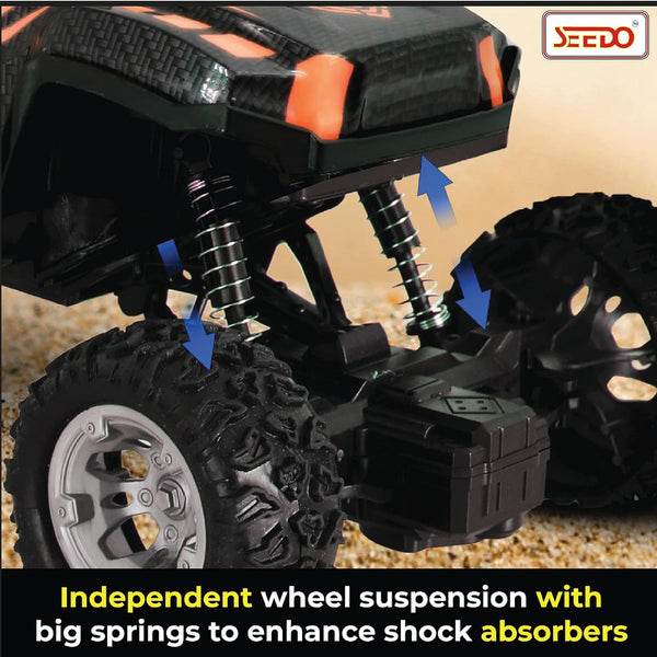 Seedo rechargeable remote control monster truck showing independent wheel suspension with big springs