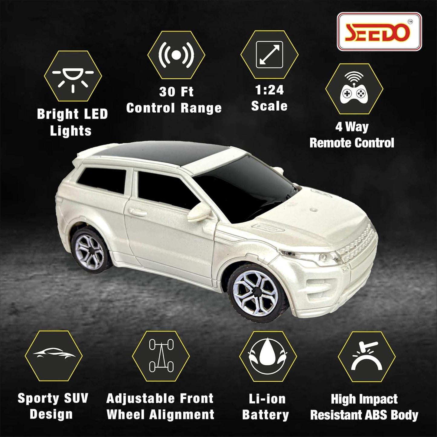 White rechargeable remote control SUV car with bright LED lights and sporty design