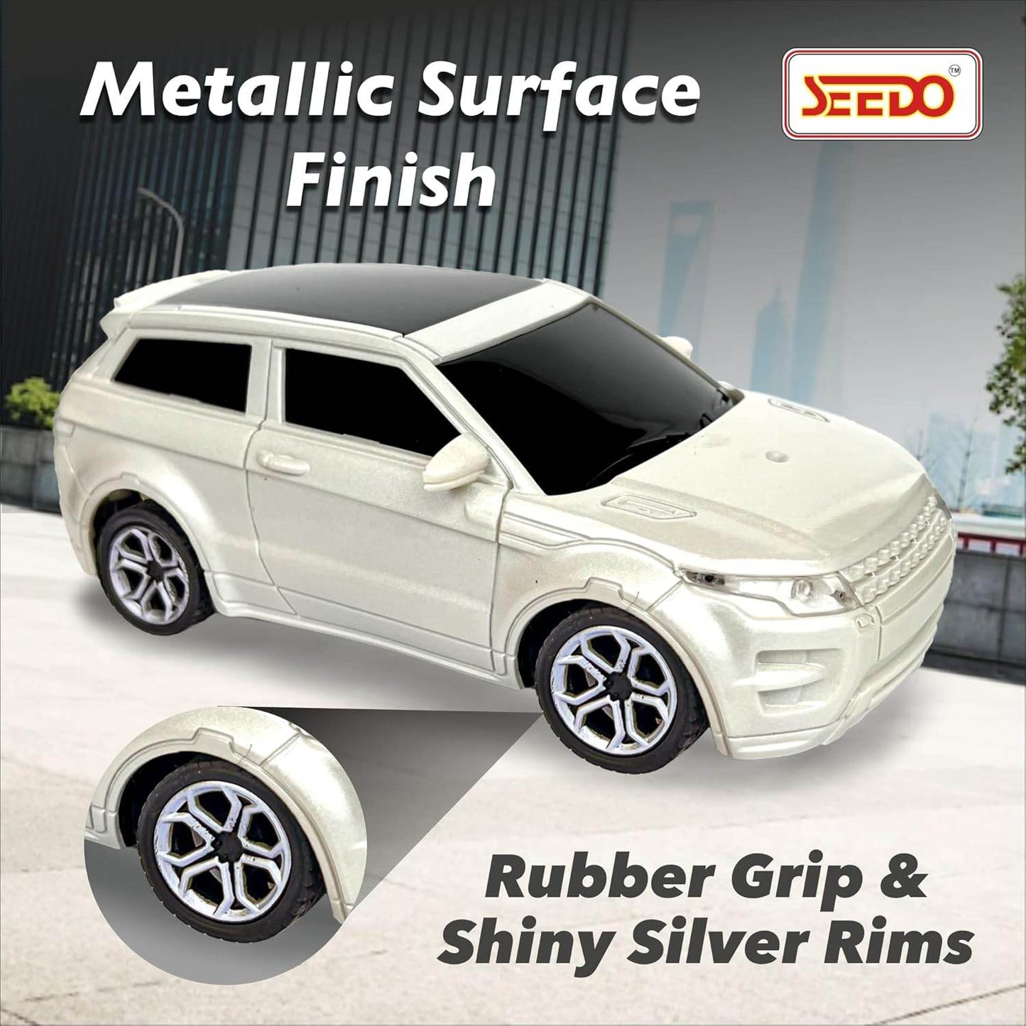 White rechargeable remote control SUV car with metallic surface finish and rubber grip shiny silver rims