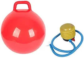 Red exercise ball with handle and pump on a white background