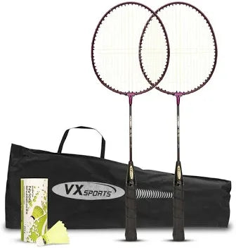 Two badminton rackets with a black carrying case and yellow birdies on a white background, branded VX Sports.