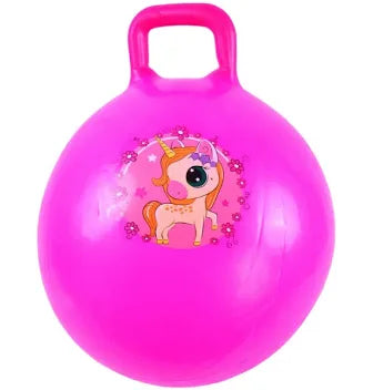 Pink space hopper with a unicorn design on a white background