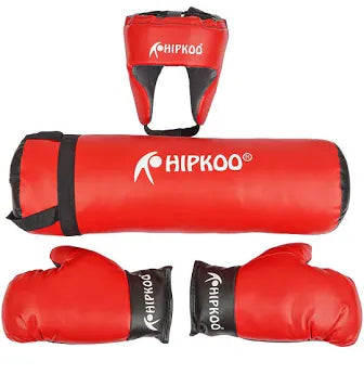 Red boxing gear set with 'HIPKOO' branding on a white background