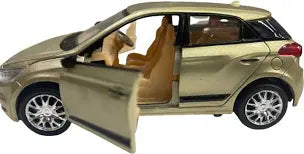 Gold toy car with open door on a white background