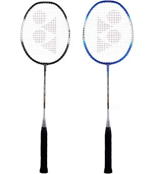 Two badminton rackets, one black and one blue with white strings, on a white background.