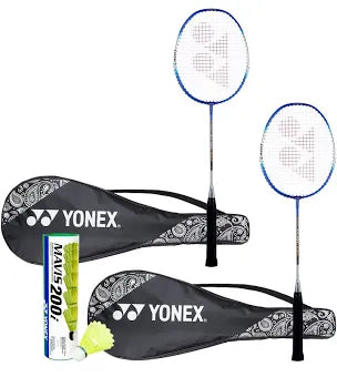 Yonex badminton rackets with covers and shuttlecocks on a white background