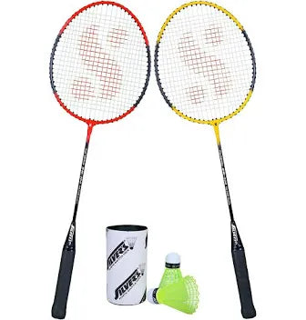 Two badminton rackets with a shuttlecock and container on a white background
