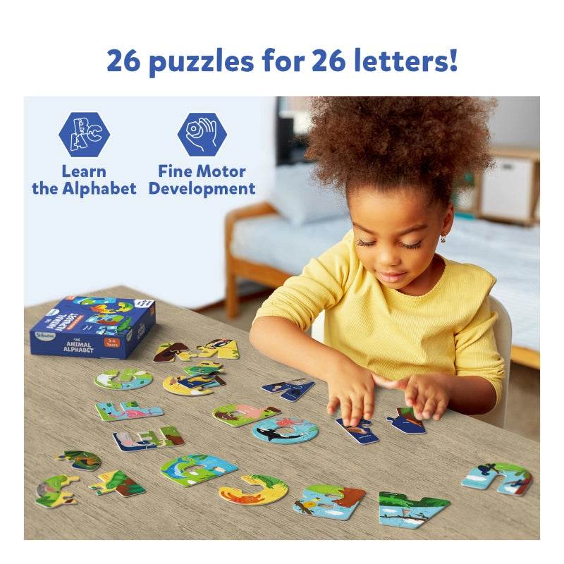 Child playing with alphabet learning puzzle set featuring colorful animal-themed letter pieces