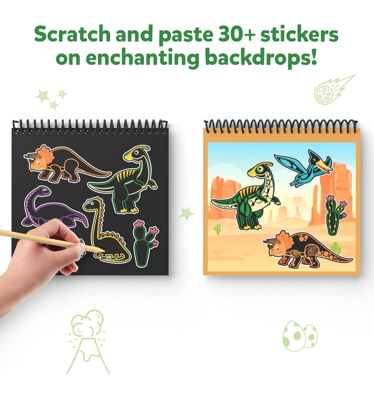 Animal craft kits for children featuring scratch and paste dinosaur stickers on colorful backdrops