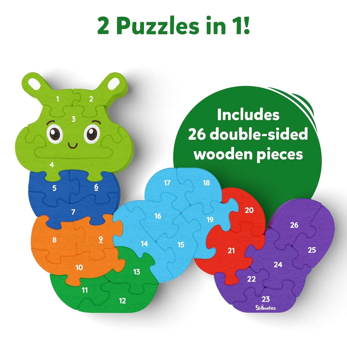Colorful caterpillar alphabet and number puzzle with 26 double-sided wooden pieces for educational play