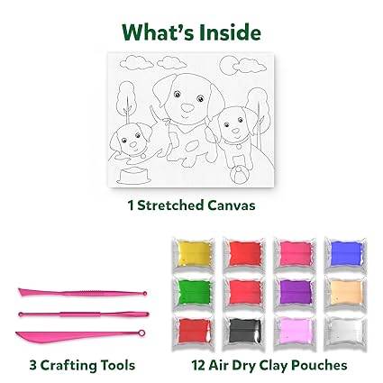 Colour with clay set for children featuring 1 stretched canvas, 12 air dry clay pouches, and 3 crafting tools