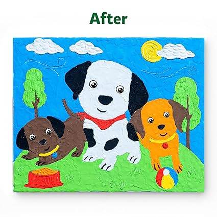Colour with clay set for children showing three playful puppies on green grass with trees and blue sky