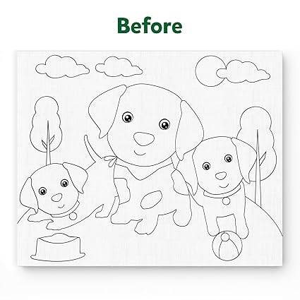 Black and white drawing of three puppies on canvas for colour with clay set for children