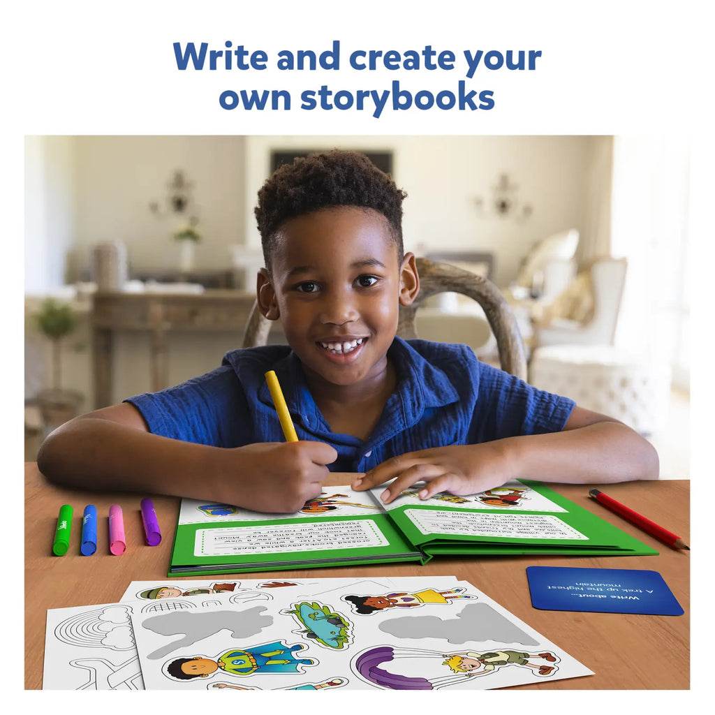 Child using creative writing kit ages 5-10 to write and create storybooks with colorful markers and stickers